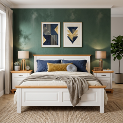 Pat lemn masiv 160x200 cm SEVA,  finisaj Alb, alb cu nuc, alb cu natur