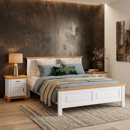 Pat lemn masiv 160x200 cm SEVA,  finisaj Alb, alb cu nuc, alb cu natur