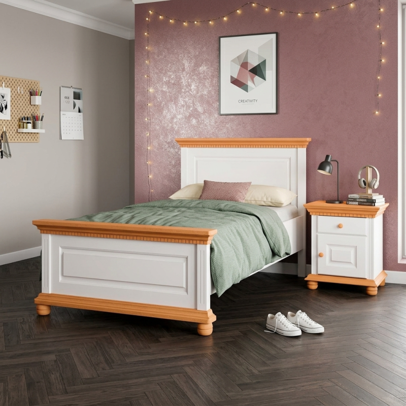 Pat lemn masiv 90x200 Bucov – alb, natur sau nuc, pat single solid și durabil