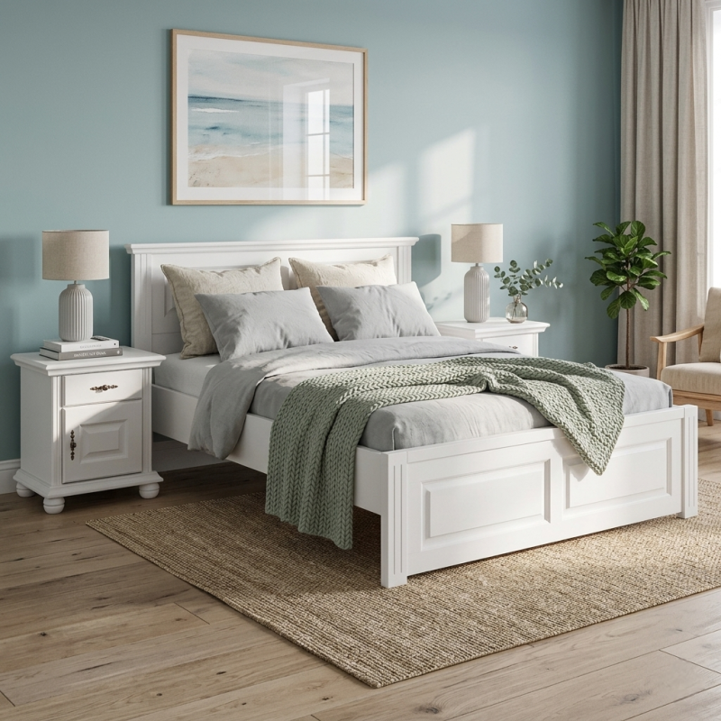 Pat lemn masiv 160x200 Seva cu tăblie mică – alb, natur sau nuc, confort și design modern