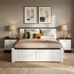 Pat lemn masiv 180x200 Seva cu tăblie mică – alb, natur sau nuc, confort king size modern