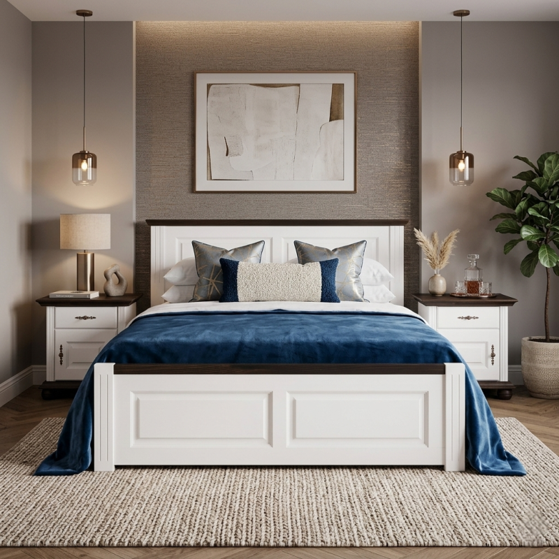Pat lemn masiv 180x200 Seva cu tăblie mică – alb, natur sau nuc, confort king size modern