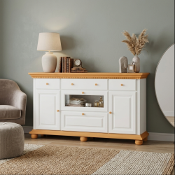 Comodă lemn masiv Bucov cu 1 ușă vitrină – 175 cm | Alb, Natur, Nuc