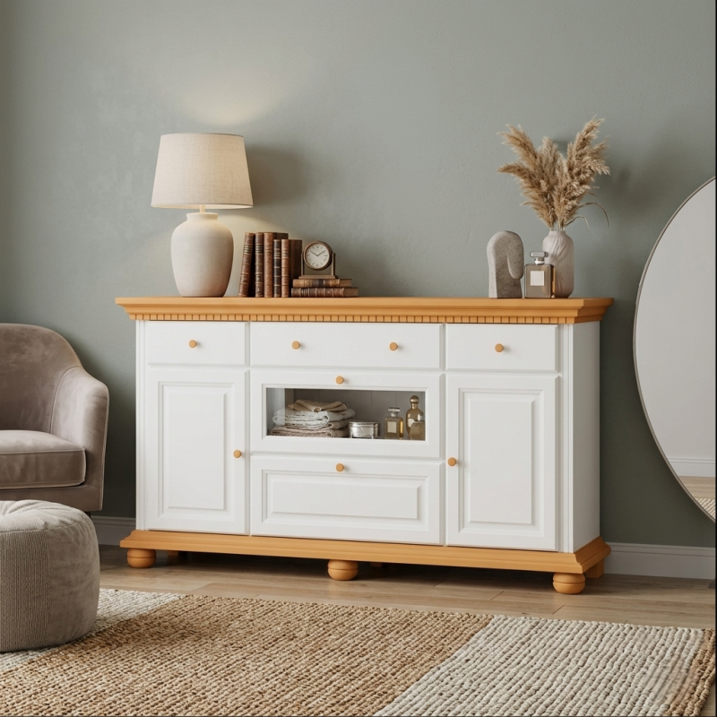 Comodă lemn masiv Bucov cu 1 ușă vitrină – 175 cm | Alb, Natur, Nuc