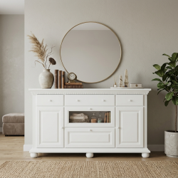 Comodă lemn masiv Bucov cu 1 ușă vitrină – 175 cm | Alb, Natur, Nuc