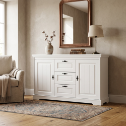Comodă Cleo din lemn masiv albă – 2 uși și 3 sertare