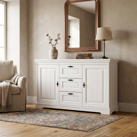Comodă Cleo din lemn masiv albă – 2 uși și 3 sertare
