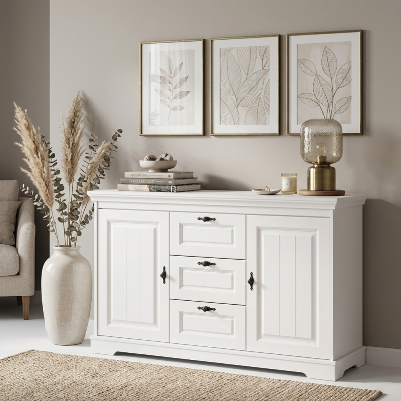 Comodă Cleo din lemn masiv albă – 2 uși și 3 sertare