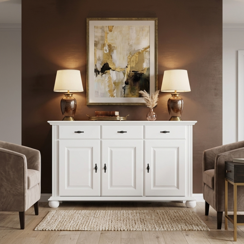 Comodă lemn masiv albă Seva – 3 uși și 3 sertare | Design modern