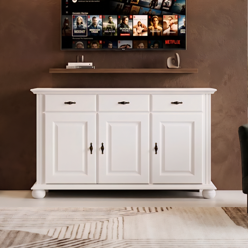 Comodă lemn masiv albă Seva – 3 uși și 3 sertare | Design modern