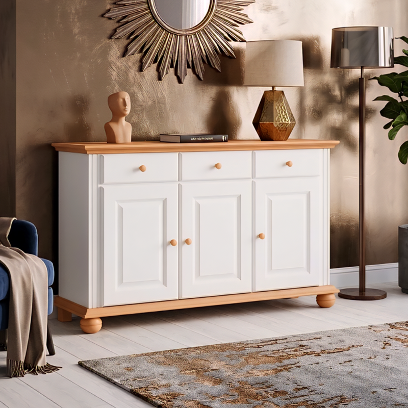 Comodă Seva din lemn masiv alb cu natur – 3 uși și 3 sertare