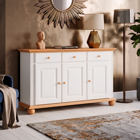 Comodă Seva din lemn masiv alb cu natur – 3 uși și 3 sertare