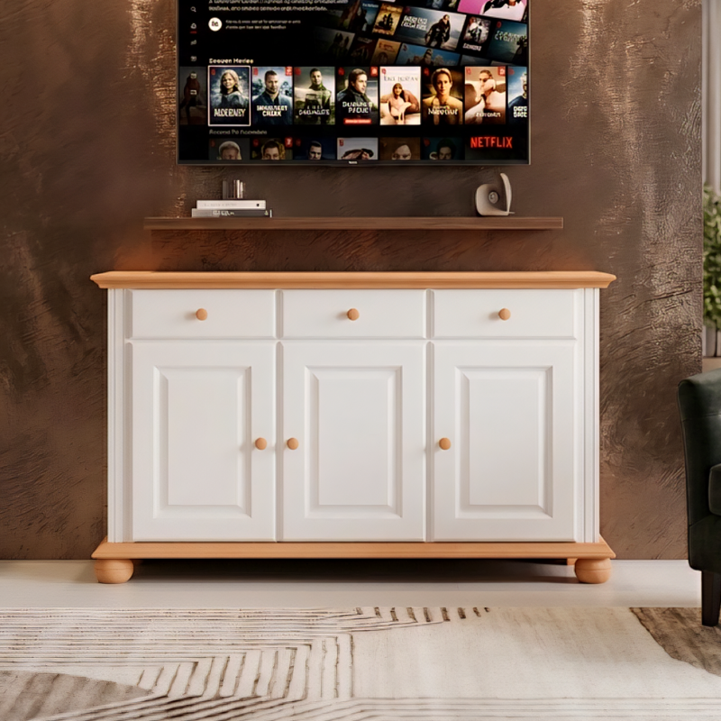 Comodă Seva din lemn masiv alb cu natur – 3 uși și 3 sertare