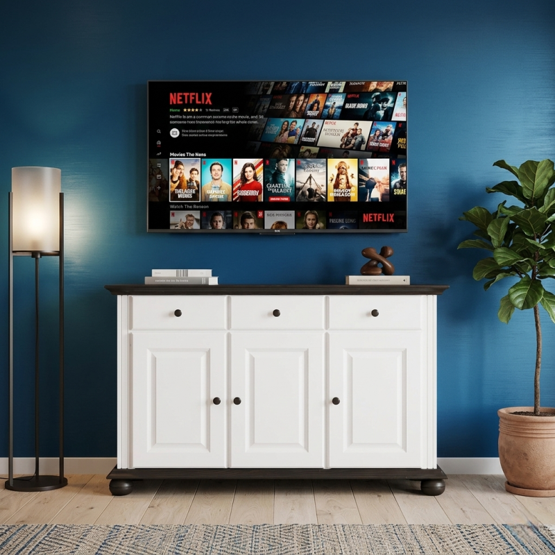 Comodă Seva din lemn masiv alb cu nuc – 3 uși și 3 sertare