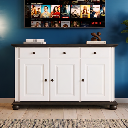 Comodă Seva din lemn masiv alb cu nuc – 3 uși și 3 sertare