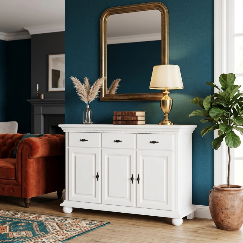 Comodă Bucov din lemn masiv albă – 3 uși și 3 sertare