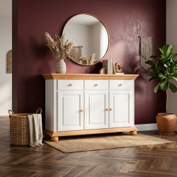 Comodă Bucov din lemn masiv alb cu natur – 3 uși și 3 sertare