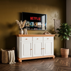 Comodă Bucov din lemn masiv alb cu natur – 3 uși și 3 sertare