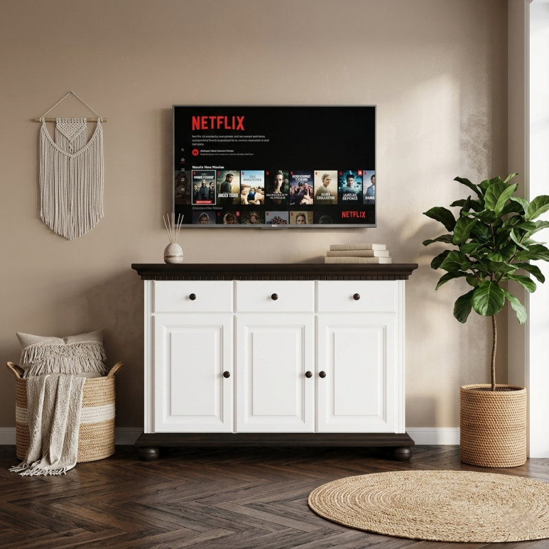 Comodă lemn masiv alb nuc Bucov – 3 uși și 3 sertare | Elegantă