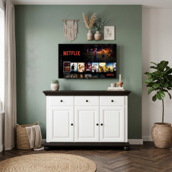 Comodă lemn masiv alb nuc Bucov – 3 uși și 3 sertare | Elegantă