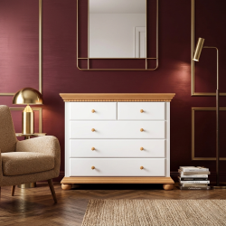 Comodă Bucov din lemn masiv alb cu natur – 5 sertare