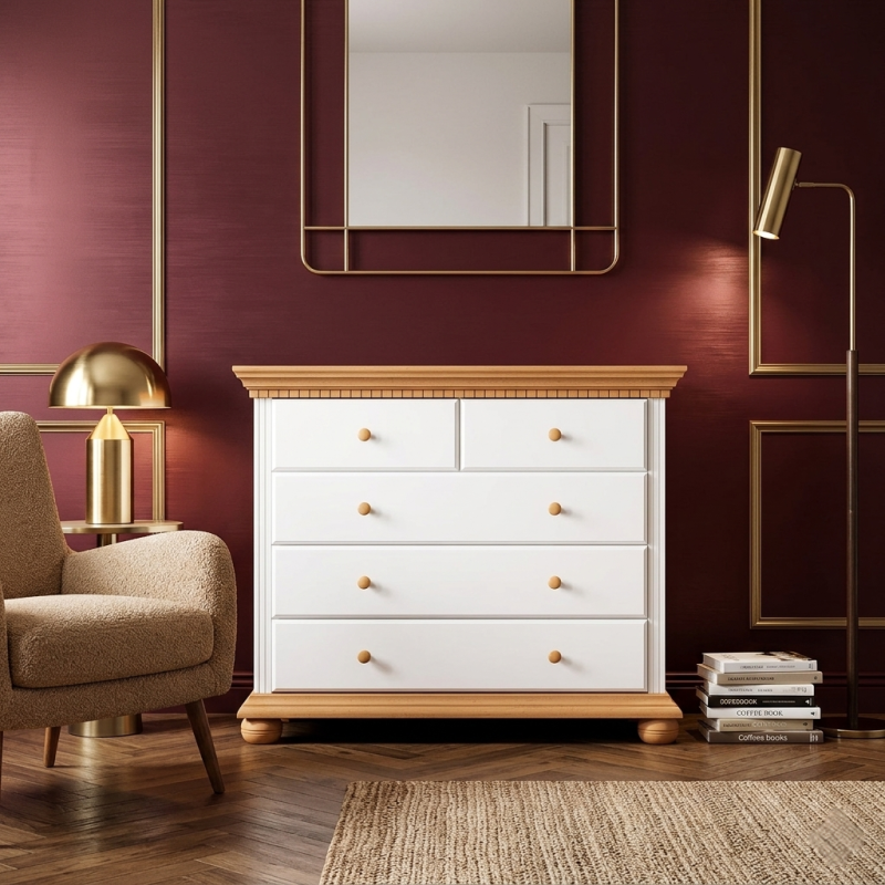 Comodă Bucov din lemn masiv alb cu natur – 5 sertare