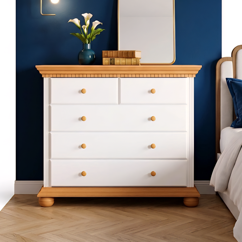 Comodă Bucov din lemn masiv alb cu natur – 5 sertare