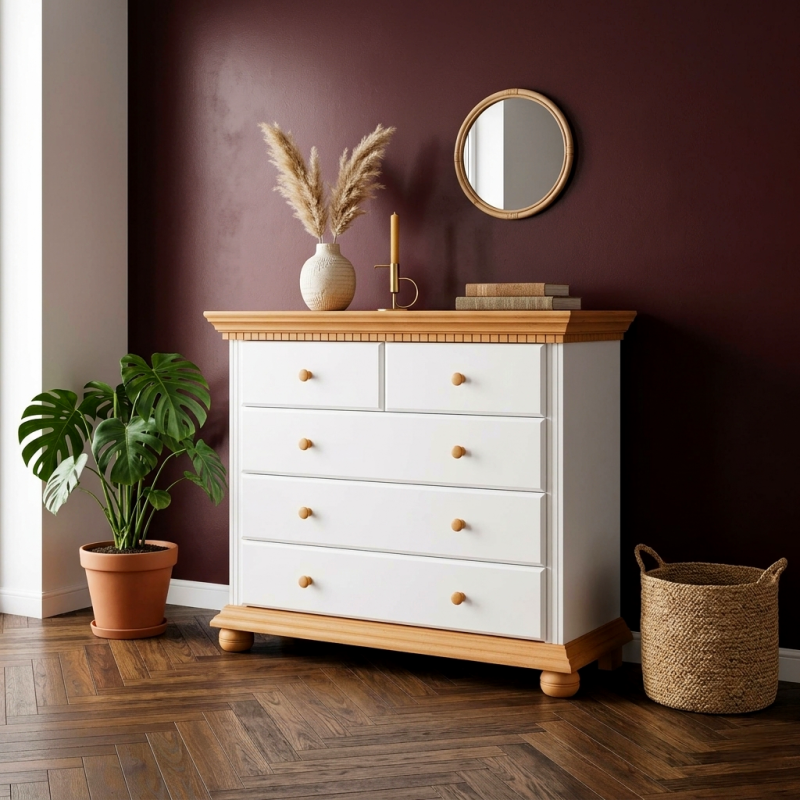 Comodă Bucov din lemn masiv alb cu natur – 5 sertare