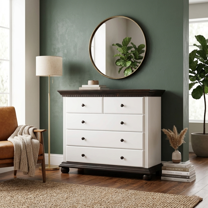 Comodă Bucov din lemn masiv alb cu nuc – 5 sertare