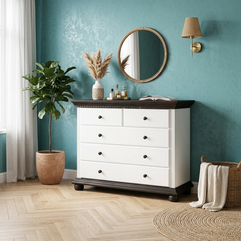 Comodă Bucov din lemn masiv alb cu nuc – 5 sertare