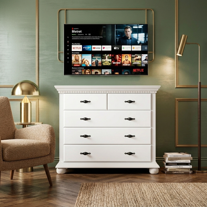 Comodă lemn masiv albă Bucov – 5 sertare | Organizare eficientă