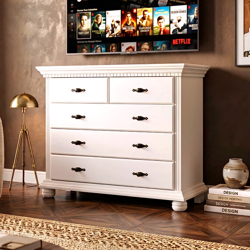 Comodă Bucov din lemn masiv albă – 5 sertare