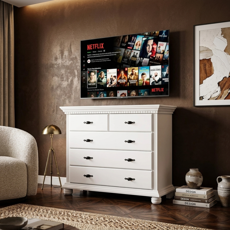 Comodă Bucov din lemn masiv albă – 5 sertare