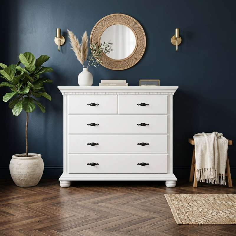 Comodă Bucov din lemn masiv albă – 5 sertare