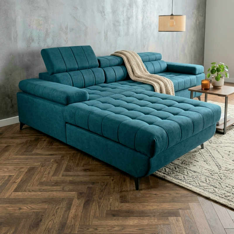 Coltar extensibil DAVID 2, cu lada de depozitare, tetiere reglabile si picioare metalice