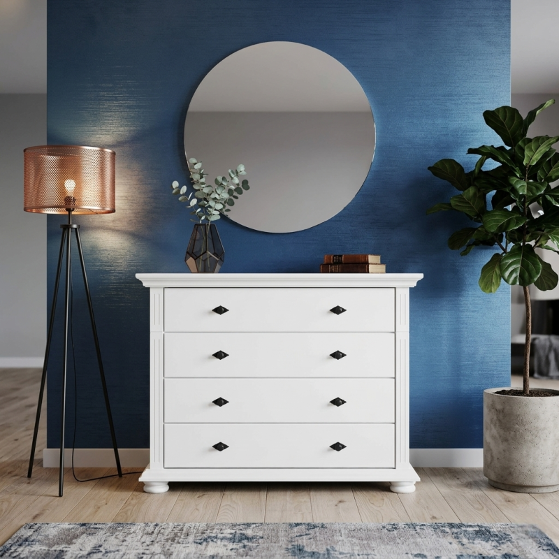 Comodă Mara din lemn masiv cu 4 sertare alba