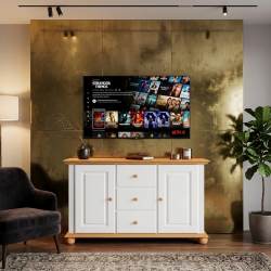 Comodă Seva din lemn masiv alb cu natur – 2 uși și 3 sertare