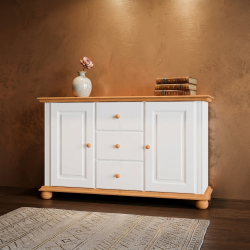 Comodă Seva din lemn masiv alb cu natur – 2 uși și 3 sertare