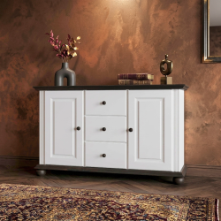 Comodă Seva din lemn masiv alb cu nuc – 2 uși și 3 sertare