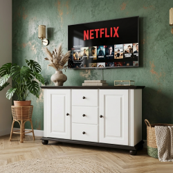 Comodă Seva din lemn masiv alb cu nuc – 2 uși și 3 sertare