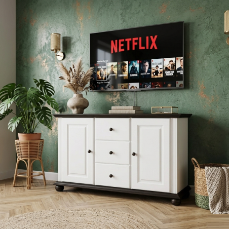 Comodă Seva din lemn masiv alb cu nuc – 2 uși și 3 sertare