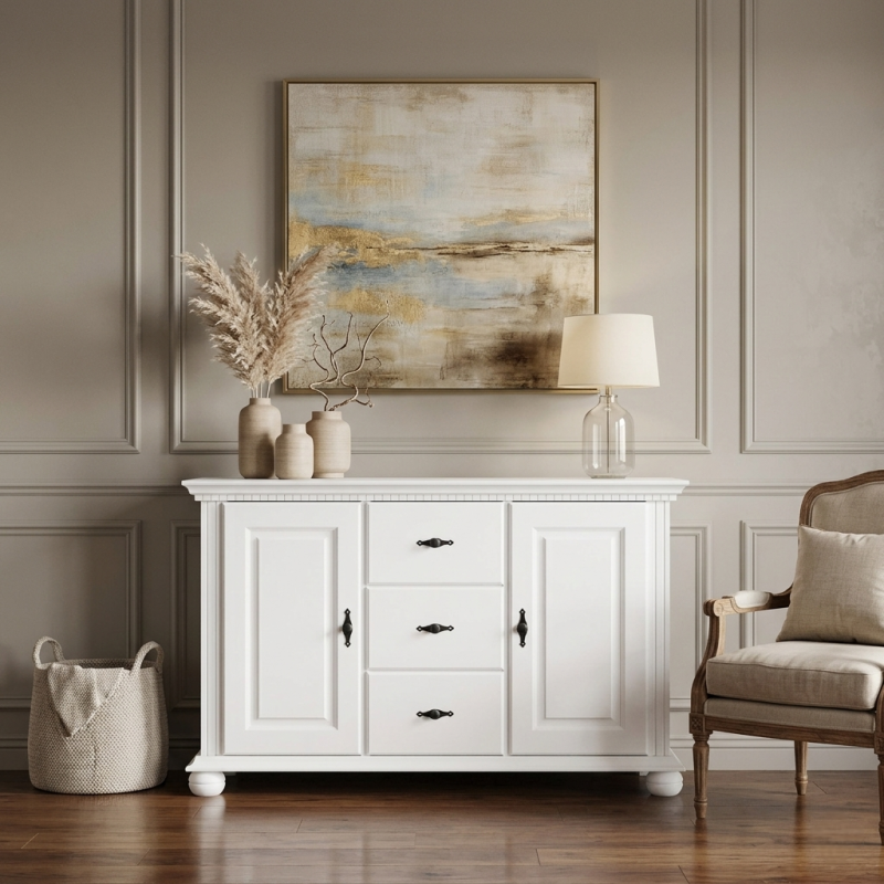 Comodă Seva din lemn masiv albă – 2 uși și 3 sertare