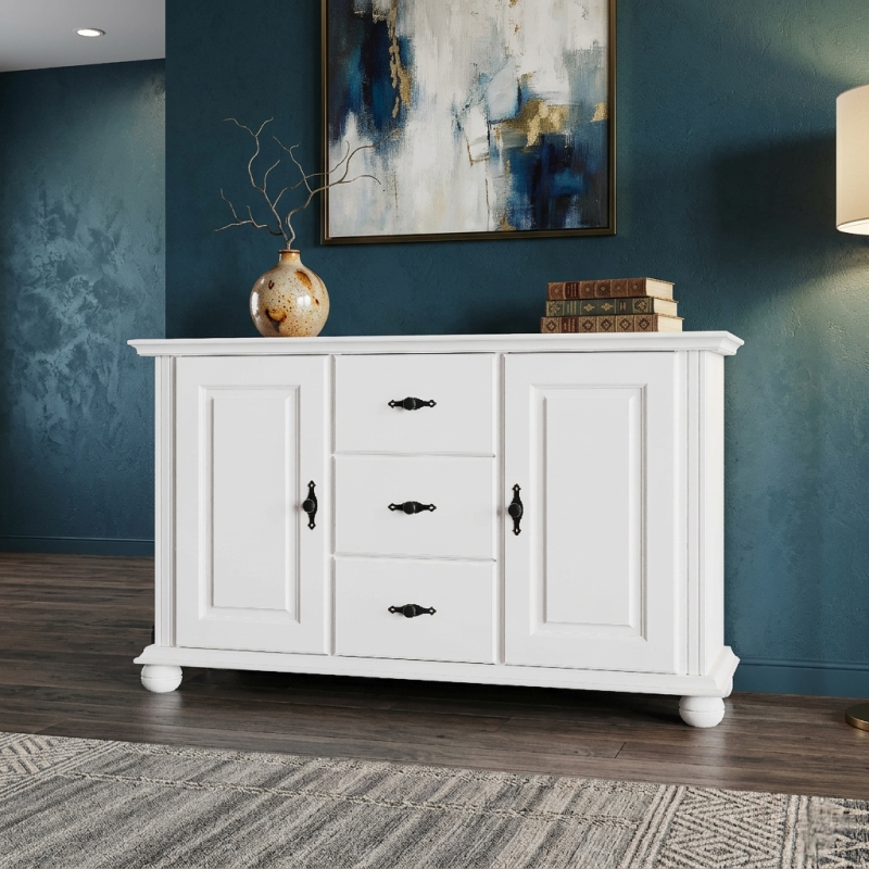 Comodă Seva din lemn masiv albă – 2 uși și 3 sertare