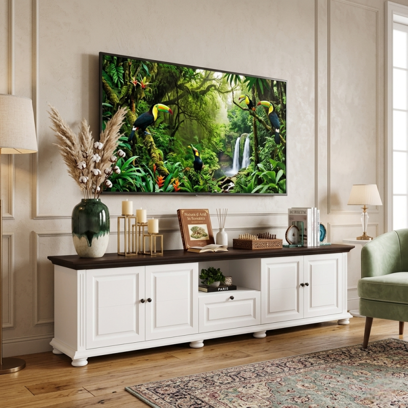 Comodă TV Mara din lemn masiv – 220 cm, 4 uși și 1 sertar