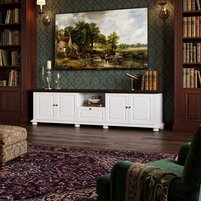 Comodă TV Mara din lemn masiv – 220 cm, 4 uși și 1 sertar