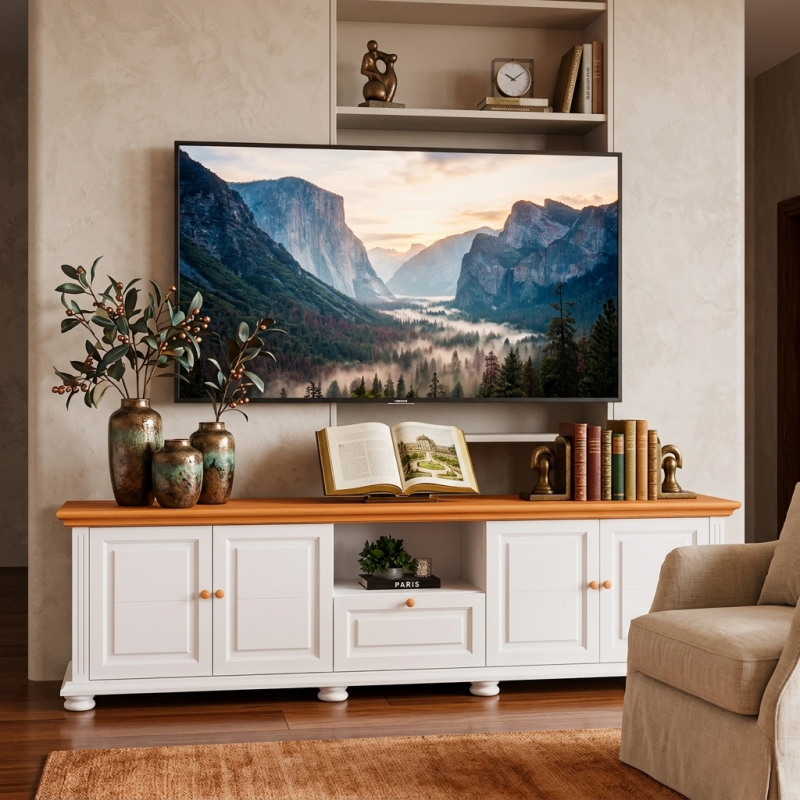 Comodă TV Mara din lemn masiv – 220 cm, 4 uși și 1 sertar