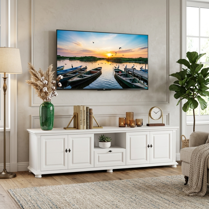 Comodă TV Mara din lemn masiv – 220 cm, 4 uși și 1 sertar