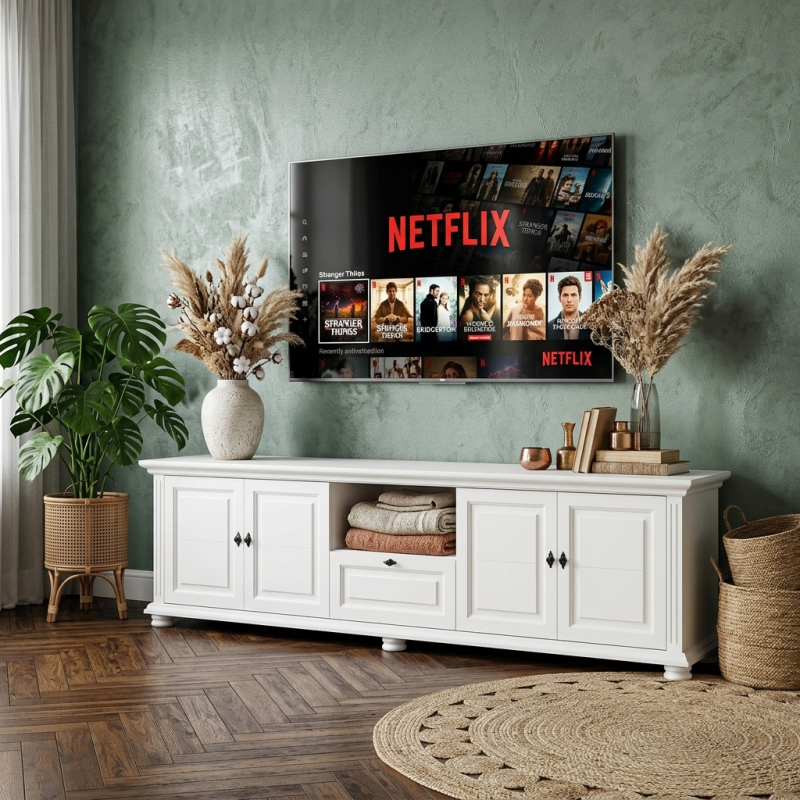 Comodă TV Mara din lemn masiv – 220 cm, 4 uși și 1 sertar