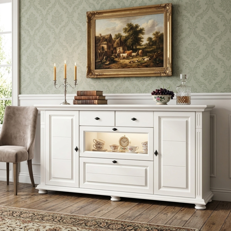 Bufet Mara din lemn masiv cu uși vitrină