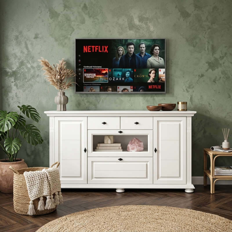 Bufet Mara din lemn masiv cu uși vitrină